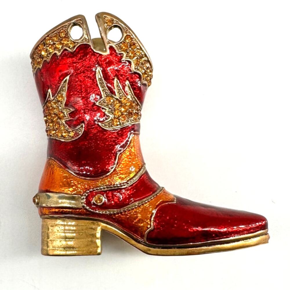 Red Enamel Cowboy Boot Figurine Amber Rhinestone Paperweight Heavy Metal Decor
